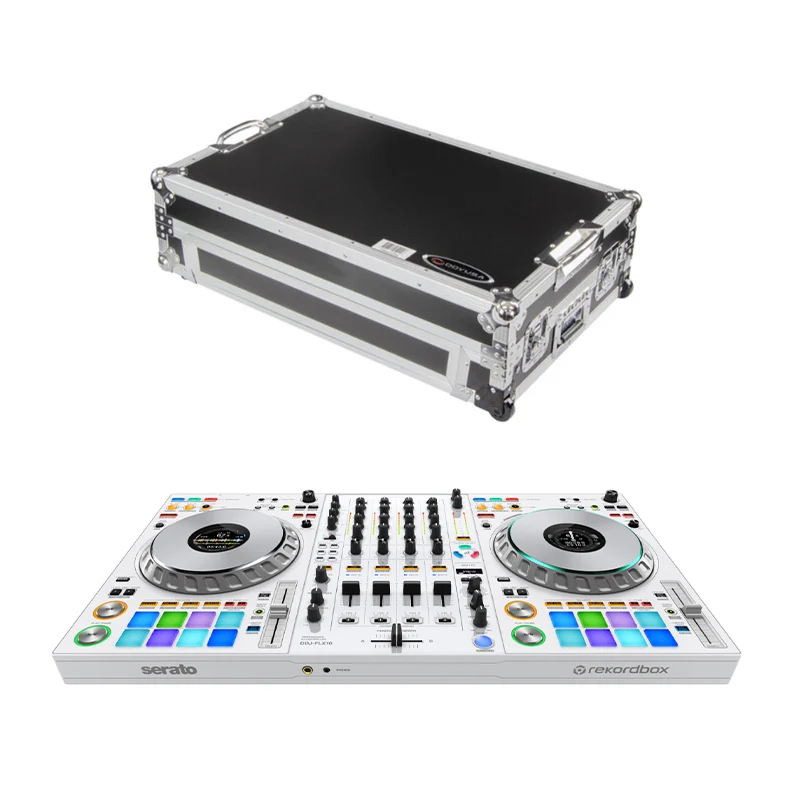Pioneer DJ DDJ-FLX10-W + Odyssey DDJ-FLX10 Flight Case with Glide-Style Laptop Platform and Corner Wheels (Black/Silver)