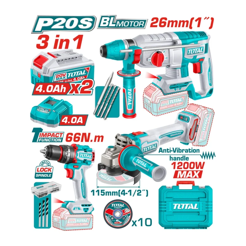 Total Combo Taladro Inalámbrico Percutor 1/2" + Pulidora 4 1/2" + Taladro Rotomartillo 1", UTCKLI202598
