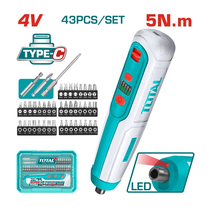 Total Set Destornillador Inalámbrico 4V 1/4" TSDLI062, 43 Piezas