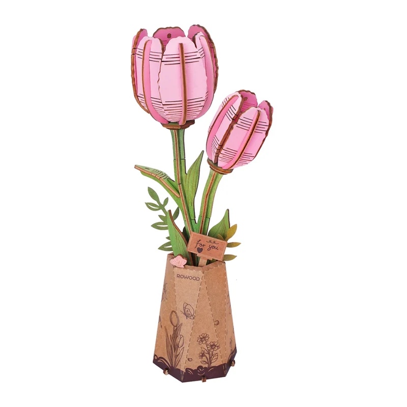 Miomu Rompecabezas de Madera 3D Tulipán Rosa Robotime