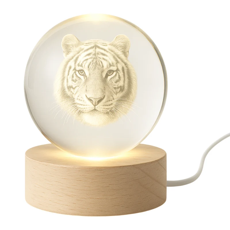 Miomu Lámpara Cristal 3D Tigre con Base de Madera y Luz LED