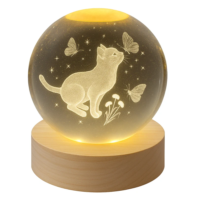 Miomu Lámpara LED de Cristal 3D con Gatito Luminoso