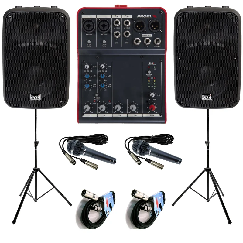 Italian Stage IS SPX10AUB Coppia Casse + MQ6 Mixer +2 Mic + 2 Stativi+2Cavi 10mt