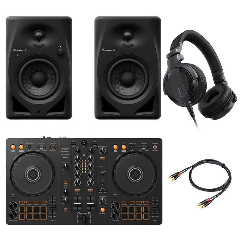 Pioneer Dj DDJ-FLX4 Controller + Casse DM-50D-BT-BLK + HDJ-CUE1-K Cuffia + Cavo