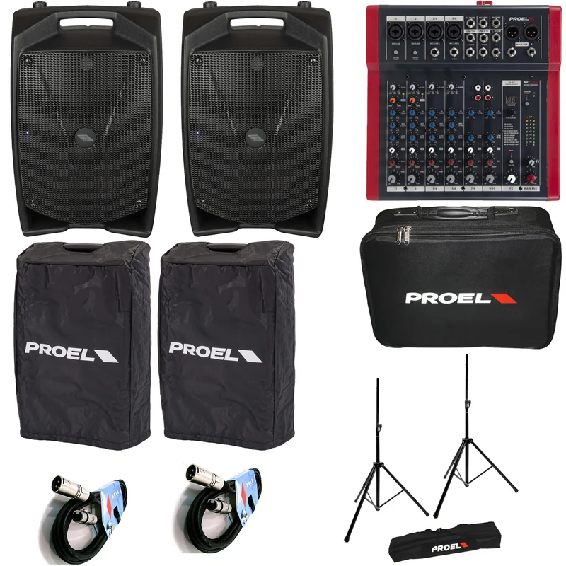 Proel V15 PRO 2 Diffusori 600W+MQ10FX MIXER+2COVERV15+FRE300KIT+2BULK250LU10