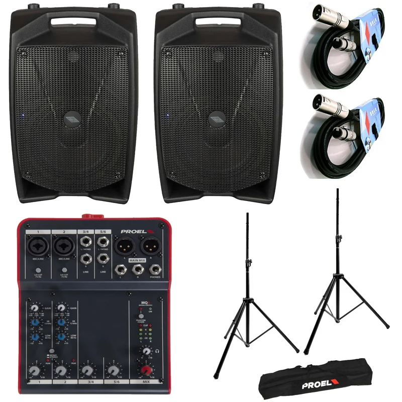 Proel V8 PRO 2 Diffusori Audio Attivo 600W + MQ6 MIXER+FRE300KIT +2x BULK250LU10