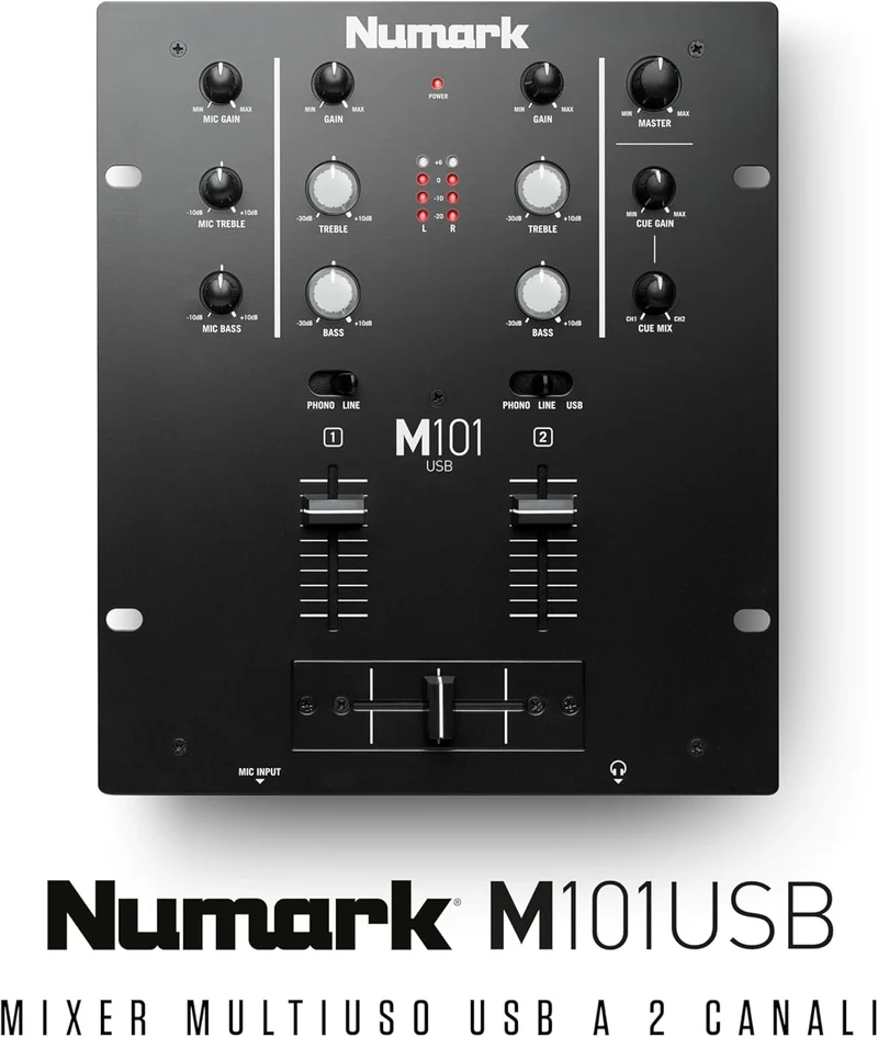 Numark M101 USB Mixer Pro x Dj 2 canali, con connessione USB per computer, Nero