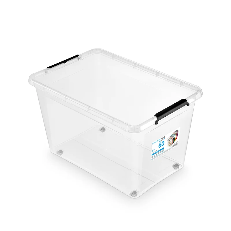 Contenitore Moxom SimpleStore, capacità 60 L, trasparente, coperchio con chiusura a clip, dotato di rotelle, privo di BPA, 04-0081