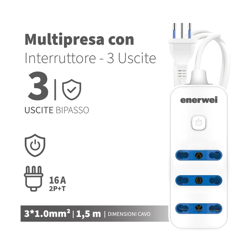 Enerwei Multipresa Bipasso con Interruttore Centrale | 3, 4, 5 o 6 Uscite