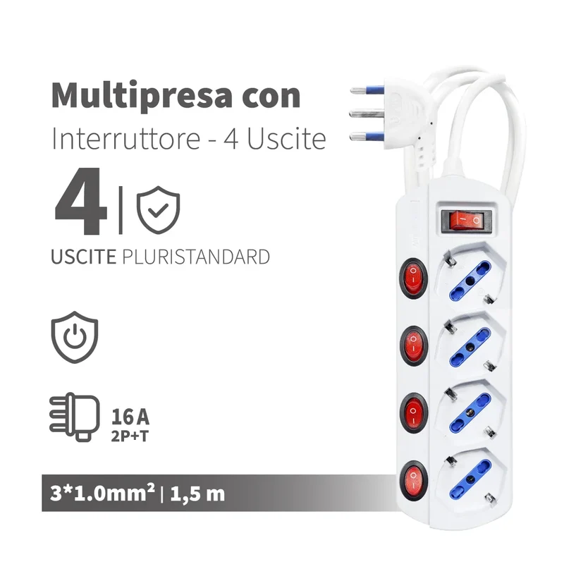 Enerwei Multipresa con Interruttori | 4, 5 o 6 Prese Pluristandard | 1,5 m