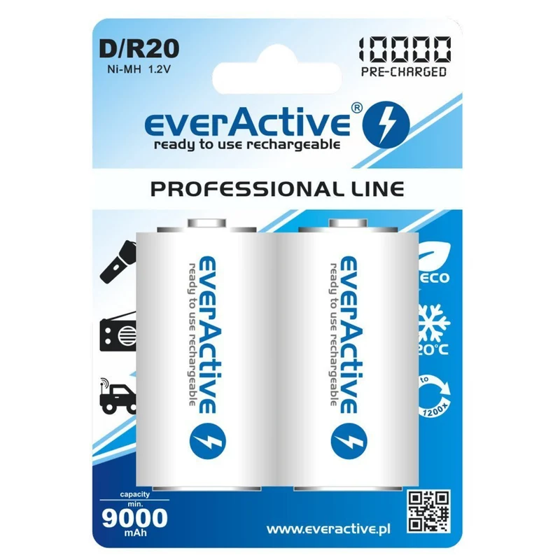 2x R20 D 10000mAh Ricaricabili everActive Professional