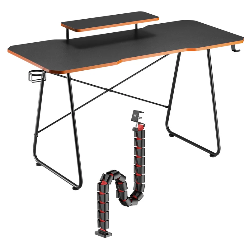 Scrivania per videogiochi con ripiano per monitor NanoRS, 50 kg max, altezza 850 mm, nero, RS170+Organizzatore di cavi/griglia per scrivania Nano RS, 1345 mm, nero e rosso, RS125