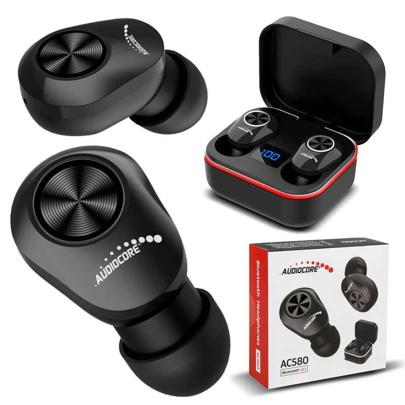 Audiocore Cuffie intrauricolari Bluetooth TWS con stazione di ricarica e microfono integrato Tecnologia touch Auricolari wireless True Wireless Stereo Scatola di ricarica BT5.1 con display nero