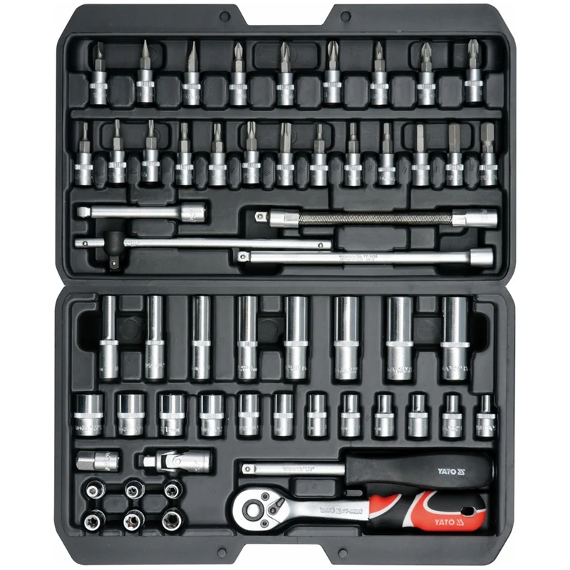 Set di utensili professionale Yato, chiavi a bussola e bussole, in acciaio al cromo-vanadio, 56 pezzi, bussole con sistema AS-Drive, in valigetta, YT-14501