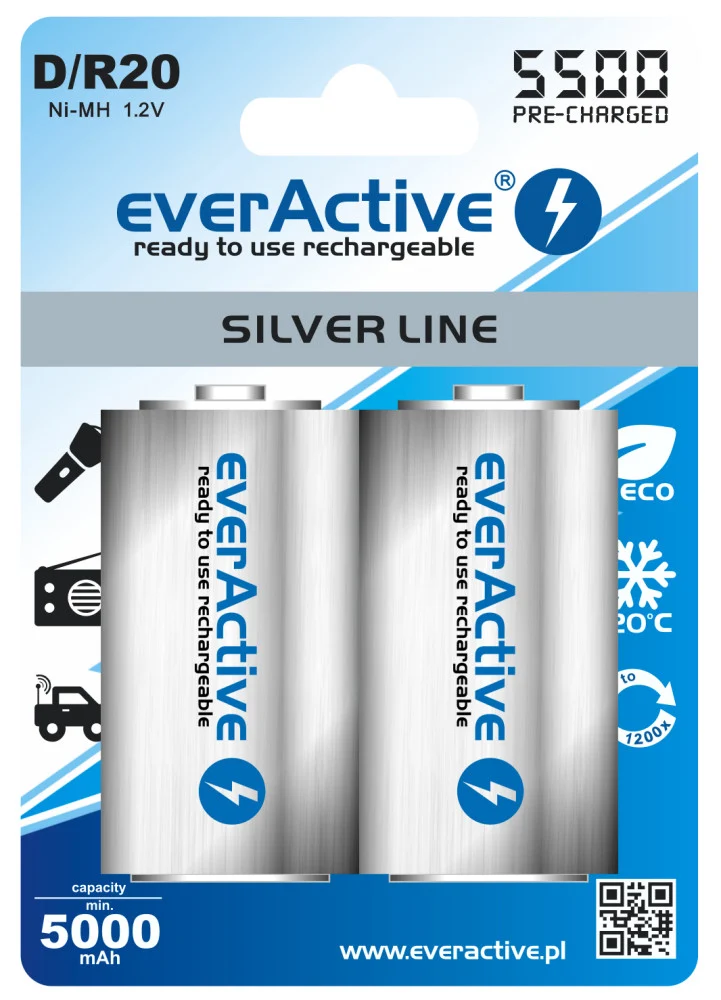 Batteria a 2 pezzi (1 blister) - R20 D 5500mAh everActive Silver Line ricaricabile