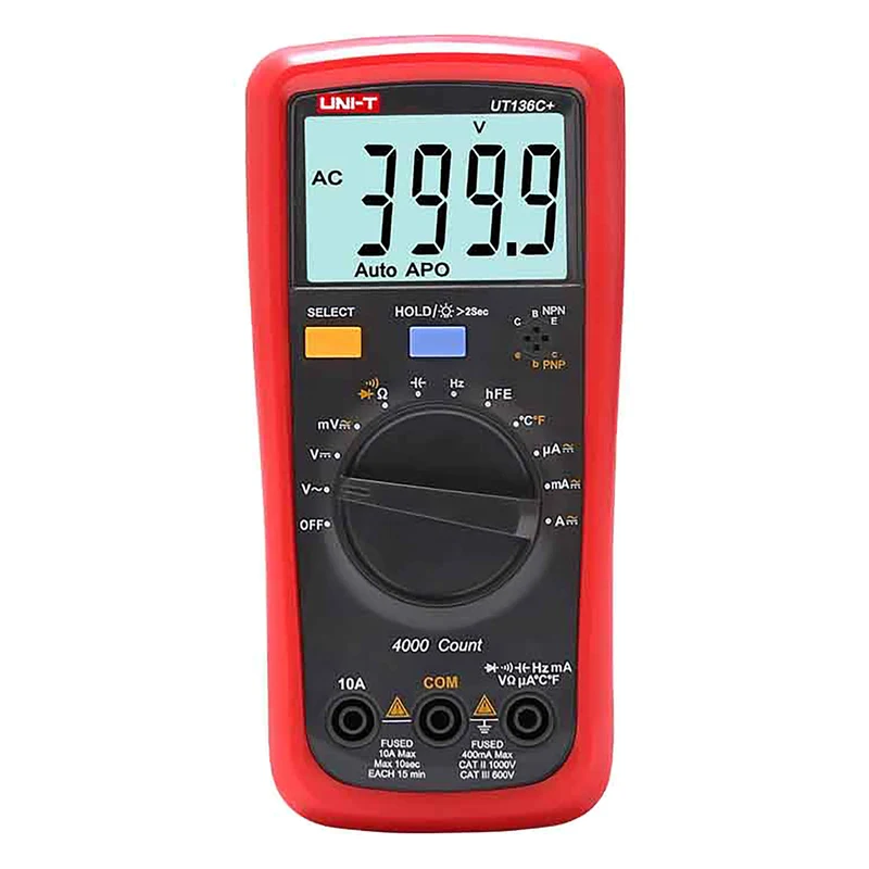 Multimetro digitale Uni-T, misura di tensione e corrente, puntali inclusi, sonda di temperatura, UT136C+