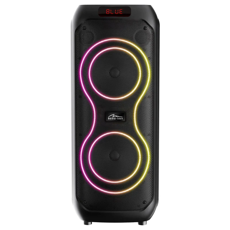 Grande altoparlante Bluetooth, 120 W RMS/1400 W PMPO, due altoparlanti da 8", equalizzatore, funzione karaoke, MP3/schede microSD, USB, AUX, BT 5.3+EDR, display, LED, batteria integrata, telecomando, MT3185