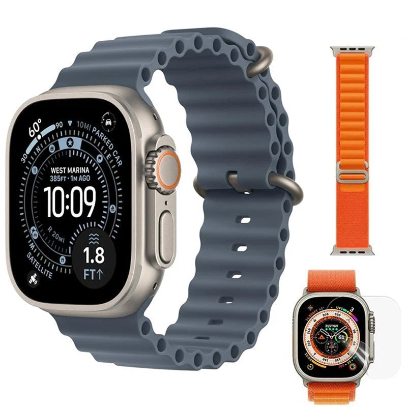 Apple Watch Ultra 3, 49mm, Natural Titanium Case, Anchor Blue Ocean Band, (GPS+Cellular) + Alpine Band & Screen Protector