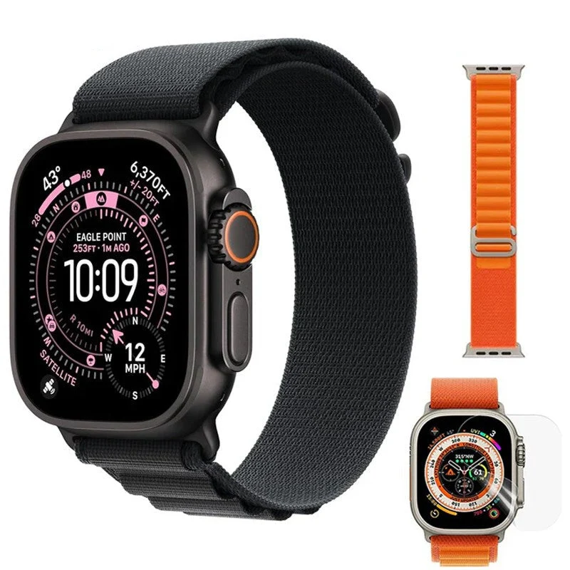 Apple Watch Ultra 3, 49mm, Black Titanium Case, Black Alpine Loop, Medium (GPS+Cellular) + Alpine Band & Screen Protector