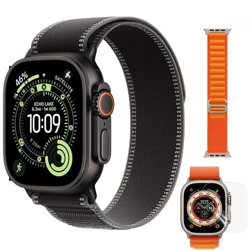Apple Watch Ultra 3, 49mm, Black Titanium Case, Black/Charcoal Trail Loop, M/L (GPS+Cellular) + Alpine Band & Screen Protector
