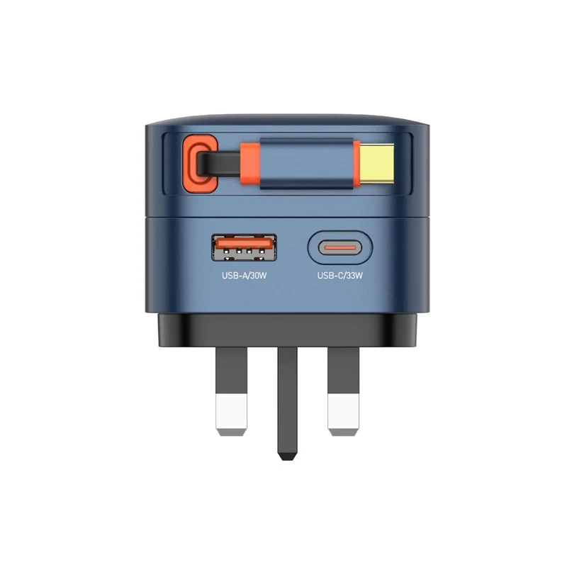 LDNIO 33W Fast Charger with Retractable Cable, All in 1 Universal Travel Adapter - Blue