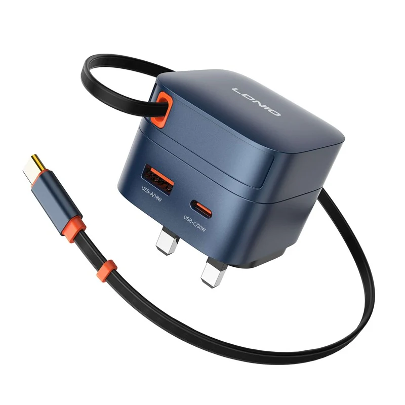 LDNIO Q10 65W PD Charger with Type C Retractable Cable - Blue