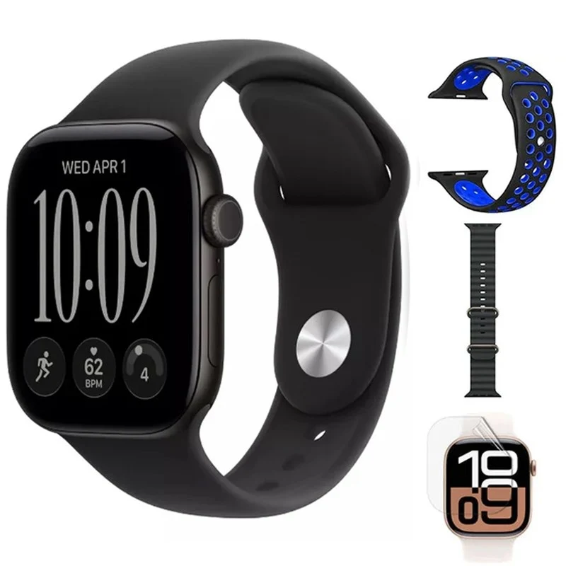 Apple Watch Series 12, 46mm, Black Aluminium Case, Black Sport Band, (GPS) + Nike Band + Ocean Band + Screen Protector