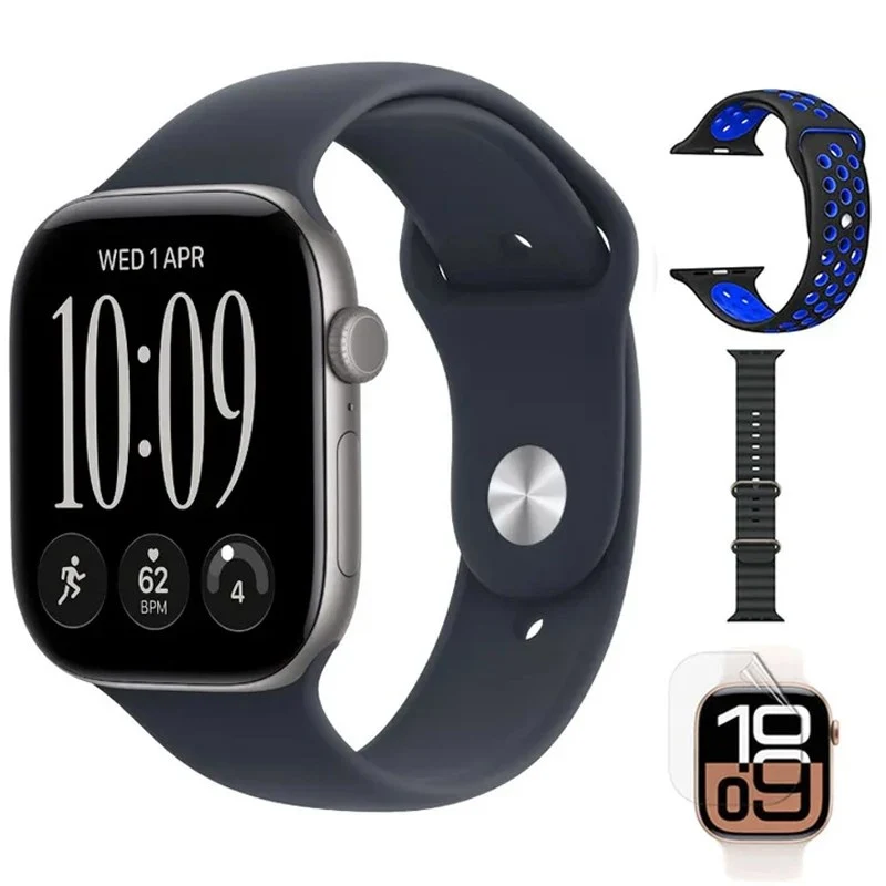 Apple Watch Series 12, 46mm, Space Grey Aluminium Case, Navy Blue Sport Band, (GPS) + Nike Band + Ocean Band + Screen Protector