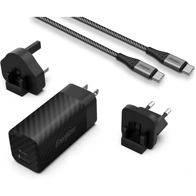 Energizer Ultimate 65W PD/QC Wall Charger with Universal Plug, GaN Technology, Dual Output, USB-C to USB-C Braided Cable - Black