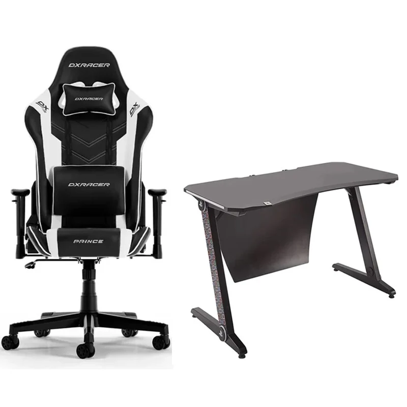DXRacer Prince P132 Gaming Chair - Black/White + X-Rocker Sony PlayStation - Borealis PC Gaming Desk with LED's