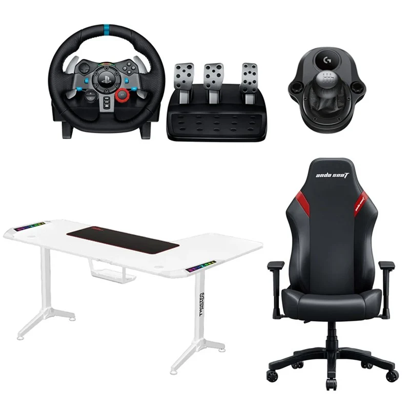Logitech Driving Force Shifter for G29 and G920 Wheels + Logitech Driving Force G29 Racing Wheel + Twisted Minds Corner Gaming Desk, Left + Anda Seat LUNA Series Gaming Chair - Black/Red