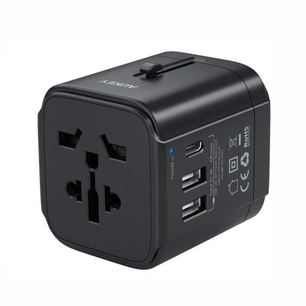 Aukey Minima Universal Travel Adapter with 3 USB Ports (2 USB A + Type C) - Black