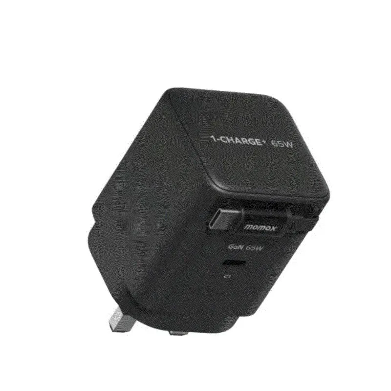 Momax 1-Charge+ 1-Port GaN 65W Charger with Retractable USB-C Cable - Black