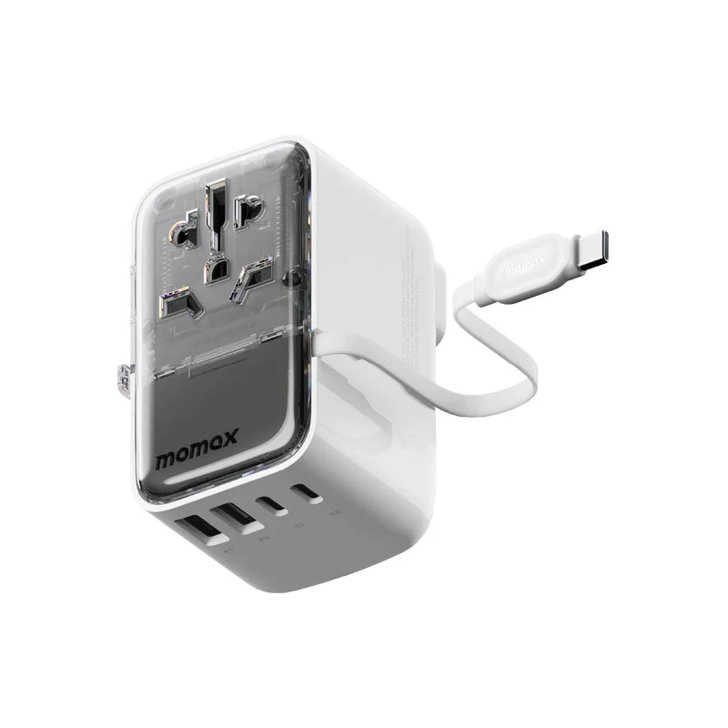 Momax 1-World+ Flow 35W 4-Port w/Built-in USB-C Cable + AC Travel Adaptor, White