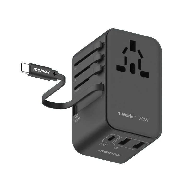 Momax 1-World+ 70W GaN 3-Port w/Built-in USB-C Cable + AC Travel Adapter