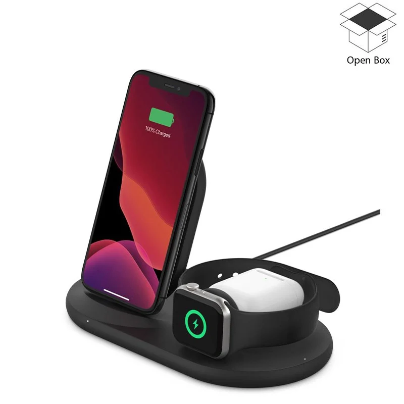 Belkin 3-in-1 Wireless Charger (7.5 W Wireless Charging Station for iPhone, Apple Watch and AirPods) - Black - Open Box