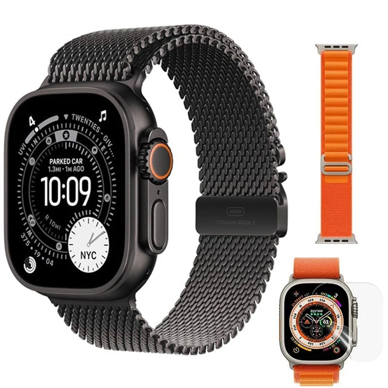 Apple Watch Ultra 3, 49mm, Black Titanium Case, Black Titanium Milanese Loop, Medium, (GPS+Cellular) + Alpine Band & Screen Protector