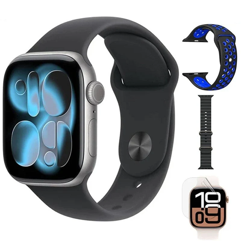 Apple Watch Series 11, 46mm, Space Grey Aluminium Case, Black Sport Band, (GPS+Cellular) + Nike Band + Ocean Band + Screen Protector