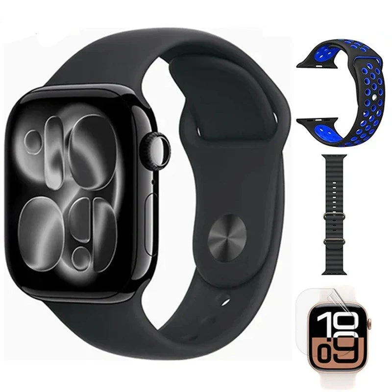 Apple Watch Series 11, 46mm, Jet Black Aluminium Case, Black Sport Band, (GPS+Cellular) + Nike Band + Ocean Band + Screen Protector