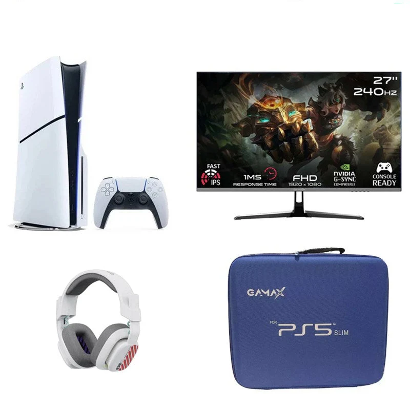 Sony PlayStation 5 (PS5) Slim - Disc Console + GAMEON GOESP27240IPS Gaming Monitor + Gamax Storage Bag + ASTRO A10 Gaming Headset