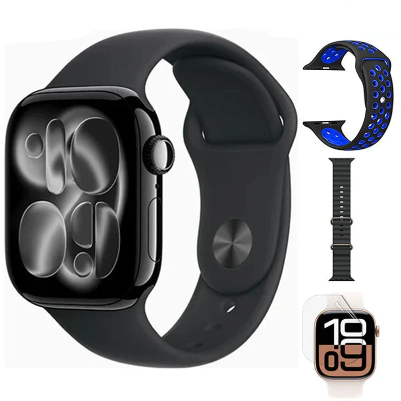 Apple Watch Series 11, 42mm, Jet Black Aluminium Case, Black Sport Band, (GPS) + Nike Band + Ocean Band + Screen Protector
