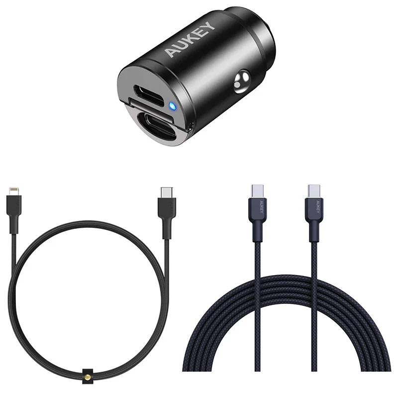 Aukey 30 Watts Ultra Small 2 USB C Port Car Charger + Aukey Nylon Braided USB-C to Lightning Cable (2M) + Aukey Nylon Braided USB-C to USB-C Cable (1M)