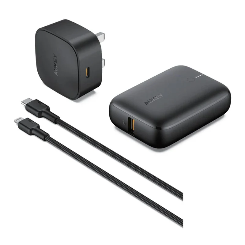 Aukey On The Go Bundle Mini 20W PD Wall Charger Portable 10000mAh PD Power Bank Nylon Braided 1.2m USB-C To Lightning Cable