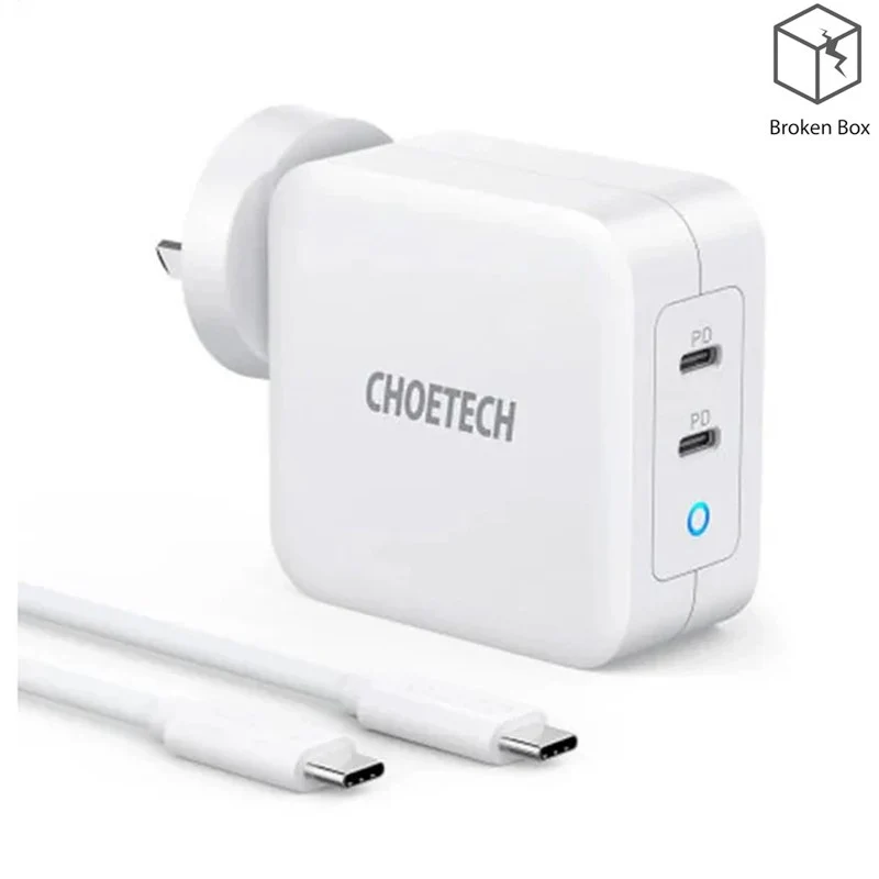 Choetech PD 100W GaN Dual USB-C UK Charger with CC Cable - White - Open Box