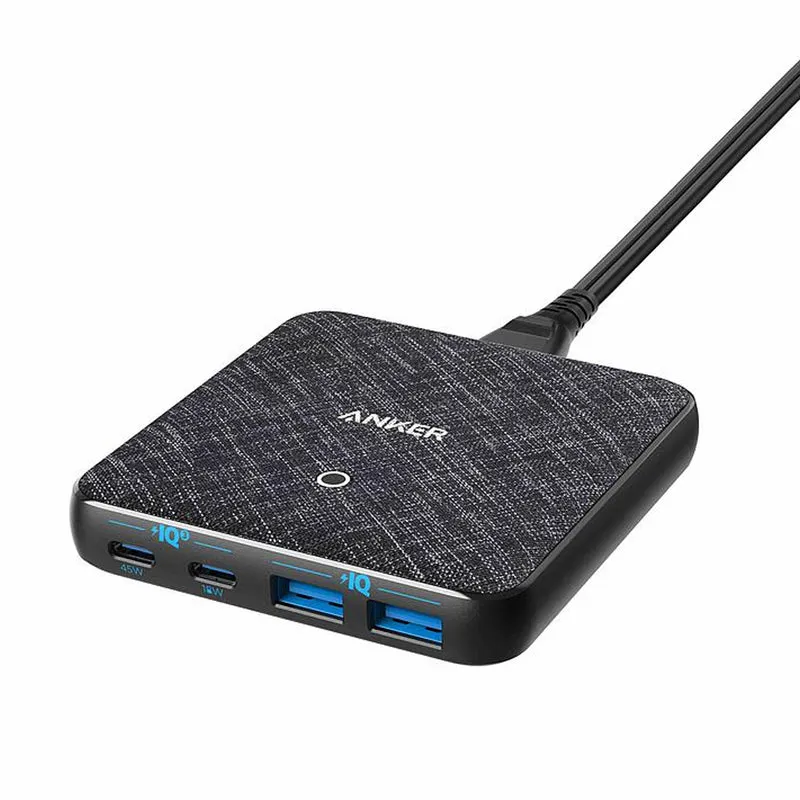 Anker USB C Fast Charger, 63W 4 Port PIQ 3.0 & GaN Fast Charger Adapter, PowerPort Atom III Slim Wall Charger with Dual USB C Ports (45W Max) - Black Fabric