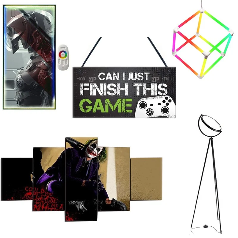 RGB LED Decor 5 In 1 Bundle Red Ivory & Joker Poster, Gamer Door Sign, Music Cubic Light and Corner 8W Floor Lamp