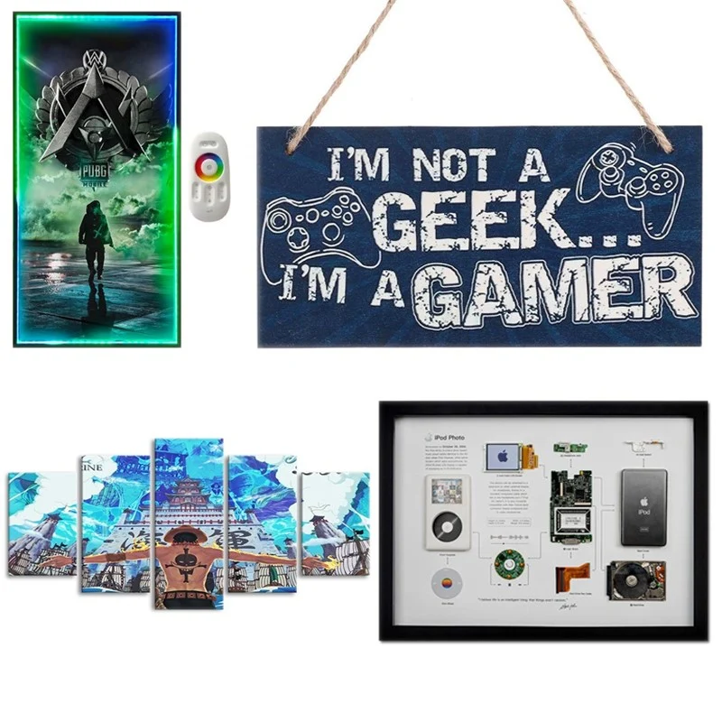 RGB Tech Decor 4 In 1 Bundle Disassembled Apple iPod Photo Framed, PUBG & One Piece Poster and Gamer Door Sign