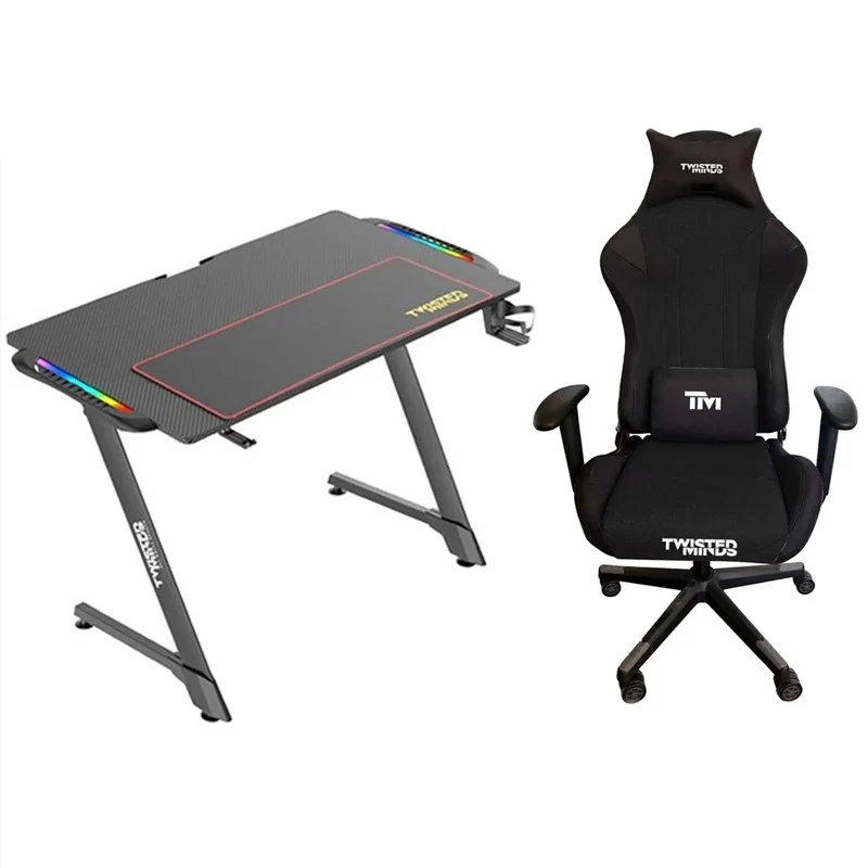 Twisted Minds Pro Fabric Gaming Chair - Black + Twisted Minds Z Shaped Gaming Desk Carbon Fiber Texture - RGB