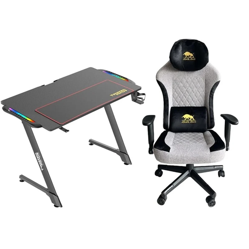 Black Bull Gaming Chair With Molded Headrest Up & Down - Fabric - Black/Grey + Twisted Minds Z Shaped Gaming Desk Carbon Fiber Texture - RGB