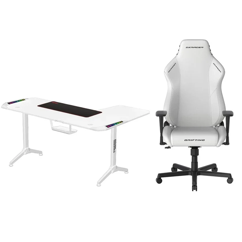 DXRacer Drifting Series Gaming Chair XL - White + Twisted Minds WARRIOR L Shaped Gaming Desk RGB Left White